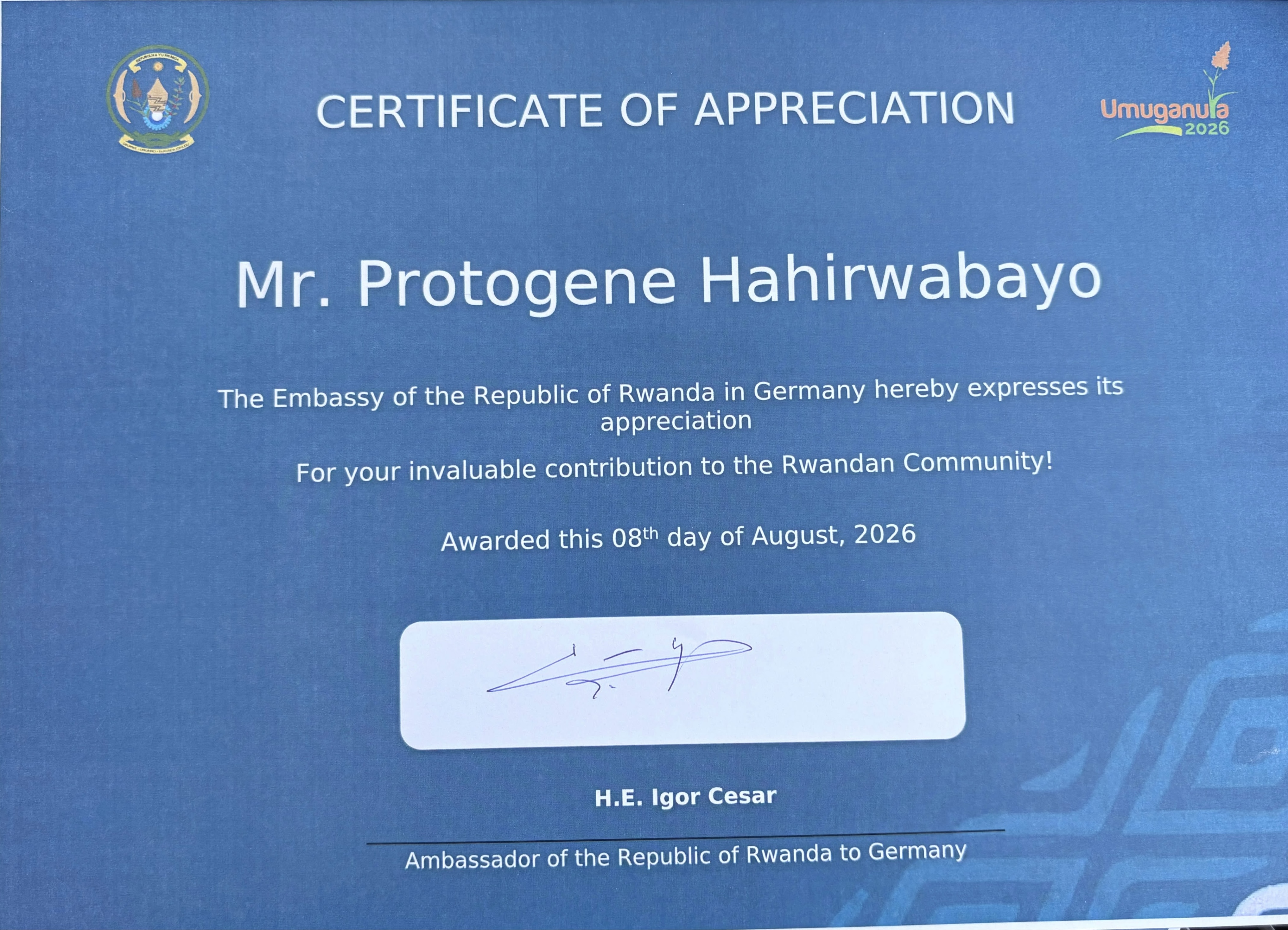 Protogene Hahirwabayo appreciation certificate